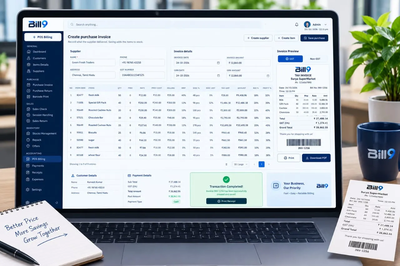 Bill9 Create purchase invoice screen with an invoice preview and a printed bill