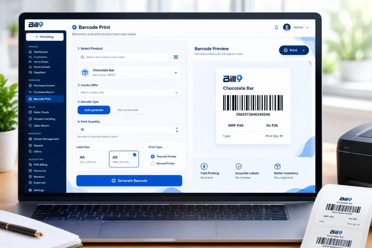 Bill9 Barcode Print screen with a barcode preview and printed product stickers