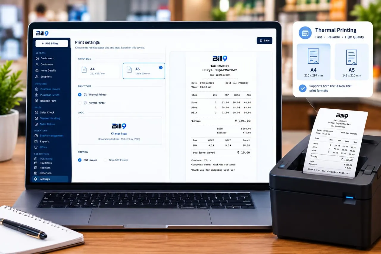 Bill9 print settings with A4 and A5 paper sizes and a thermal printer printing a bill